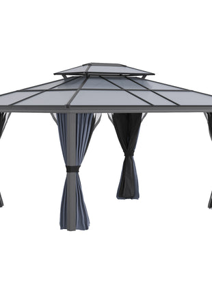 10' x 12' Hardtop Gazebo Canopy with Polycarbonate Roof, Aluminum Frame, Permanent Pavilion Outdoor Gazebo with Netting, for Patio, Garden, Backyard, Deck, Lawn, Black