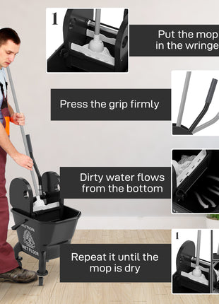 Mop Bucket with Wringer on Wheels for Floor Cleaning, 27.5 Quart Down Press Wringer with Handle and Mop, Black
