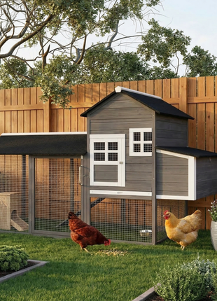 84" Wooden Chicken Coop, Hen House Outdoor with Run Nesting Box, Asphalt Roof, Removable Tray, Ramp, Poultry Cage for 2-3 Chickens, Gray