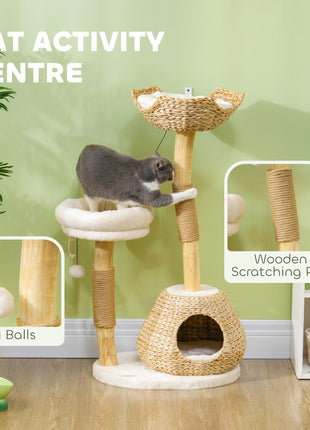 41" Cat Tree for Indoor Cats with Wooden Cat Scratching Posts, Cat Condo, Cat Beds & Toy Balls, Cream White