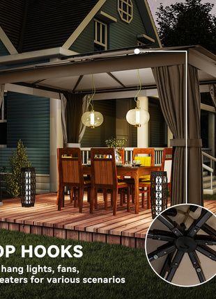 10' x 12' Outdoor Patio Gazebo, Soft Top Gazebo Canopy Shelter with Curtains, Netting, Steel Frame, Hooks, Khaki