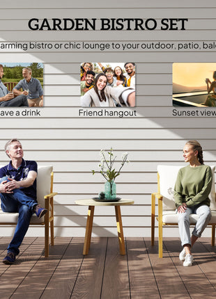 3 Piece Outdoor Bistro Set, Wood Effect Metal Patio Set with Wide and Deep Chairs, Round Table, Cushions, Cream White