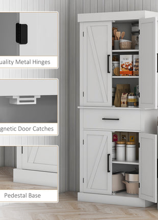 72" Tall Kitchen Cabinet, Kitchen Pantry Cabinet with Barn Doors, Drawer, 5-Tier Shelf and Adjustable Shelves, White