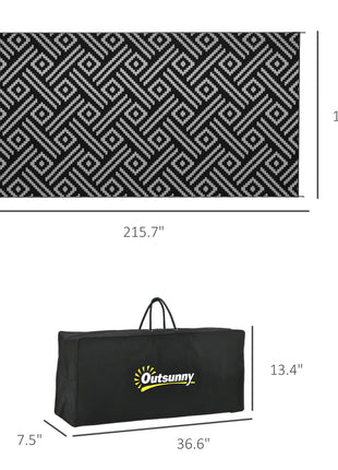Reversible Outdoor Rug Carpet RV Camping Rugs with Carry Bag, 9' x 18', Black & Gray Geometric