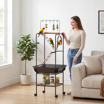 64"H Rolling Bird Playground Parrot Stand with Seed Guard & Wheels, Ladders, Swing, Toy Hook & Bowls