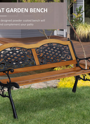 50" Outdoor Garden Bench, Park Patio Bench Loveseat, Wood & Metal Frame with Plastic Flourish Backrest, Natural Wood