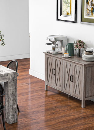 Sideboard Buffet with 4 Barn Doors and 2 Adjustable Shelves, Kitchen Buffet Cabinet for Living Room, Hallway, Gray