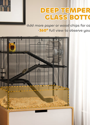4 Tier Hamster Cage with Deep Tempered Glass Bottom, Running Wheel, Hut, Water Bottle, Food Dish, 31" x 19" x 31.5"