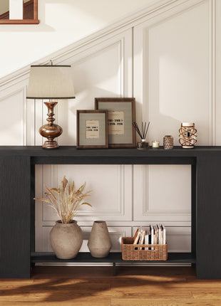 Farmhouse Console Table, 63" Narrow Entryway Table with Thickened Tabletop for Living Room, Hallway, Distressed Black