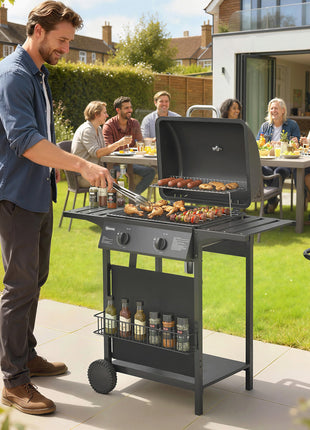 2 Burner Propane Gas Grill, 18000 BTU BBQ Grill with Wheels, Warming Rack, Shelf, Thermometer, Grease Cup, Black