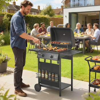 2 Burner Propane Gas Grill, 18000 BTU BBQ Grill with Wheels, Warming Rack, Shelf, Thermometer, Grease Cup, Black