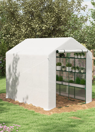 Outdoor Walk-in Greenhouse with Roll-up Zipper Door, 18 Shelves, PE Cover, 95.25" x 70.75" x 82.75", White