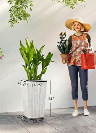 Tall Planters for Outdoor Plants Set of 3, 24 In Taper Planters with Drainage Holes, Rattan Decor Plant Pots, White