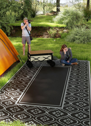 Reversible Outdoor Rug, Waterproof Plastic Straw with Carry Bag, 9' x 18', Black & Gray Gourd Border