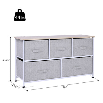 40" L 5 Drawer Horizontal Storage Cube Dresser Unit Bedroom Organizer Living Room Shelf Tower with Fabric Bins, Light Gray