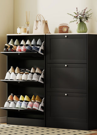 Modern Shoe Storage Cabinet with 3 Flip Drawers and Adjustable Shelves for 12-18 Pairs of Shoes, Black