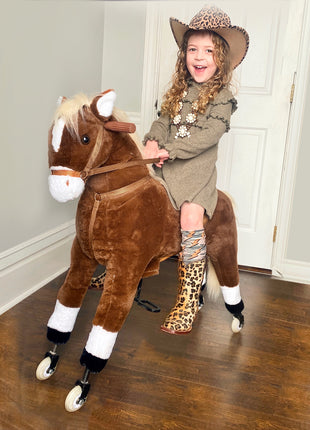 Kids Ride-on Walking Horse with Easy Rolling Wheels, Soft Huggable Body, & a Large Size for Kids 5-16 Years