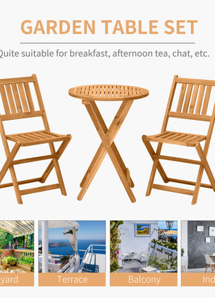 3-Piece Acacia Wood Bistro Set, Folding Patio Furniture with 2 Folding Chairs and Round Coffee Table, Teak, Slatted Finish, for Backyard, Balcony, Deck, Natural