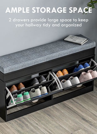 Modern Shoe Storage Bench, Entry Way Bench with Cushion, 2 Drawers, Storage Ottoman Bench, Holds 8 Pairs, Black