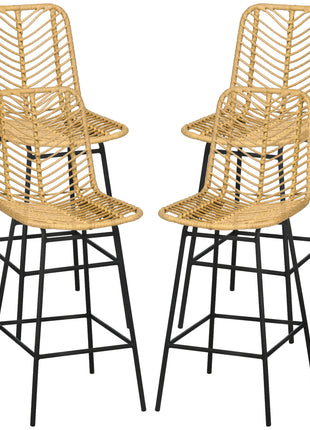 Set of 4 Rattan Barstools Wicker Counter Stools with Steel Legs and Footrest for Dining Room Kitchen Pub Yellow