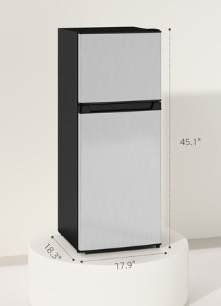 Small Fridge with Freezer, 4 Cu Ft Refrigerator with Reversible Doors, Silver
