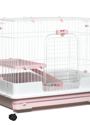 2-Level Small Animal Cage Rabbit Hutch with Wheels, Removable Tray, Platform and Ramp for Bunny, Chinchillas, Ferret, Pink