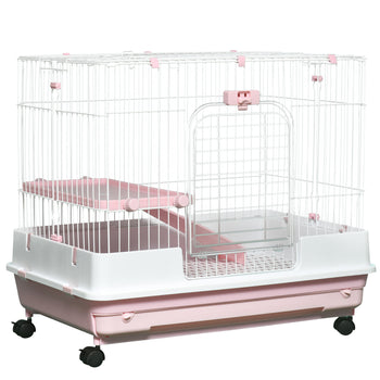 2-Level Small Animal Cage Rabbit Hutch with Wheels, Removable Tray, Platform and Ramp for Bunny, Chinchillas, Ferret, Pink