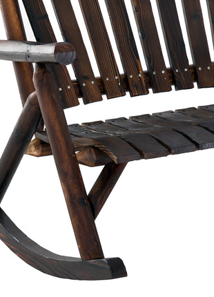 Wooden Porch Rocking Chair, Wood Double Adirondack, Rocker for Indoor or Outdoor with High Rise Slatted Back, Carbonized