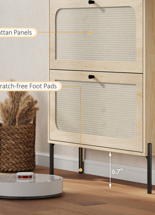Shoe Cabinet with 2 Flip Drawers, Boho Narrow Shoe Storage Cabinet, Oak