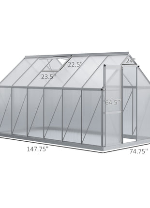 12' x 6' x 6.5' Polycarbonate Greenhouse with Aluminum Frame, Walk-in Heavy Duty Green House with Adjustable Roof Vent, Rain Gutter and Sliding Door for Winter, Silver