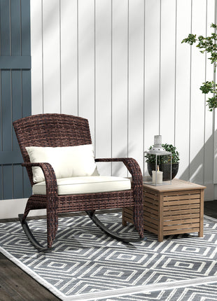 Adirondack Chair, Outdoor Wicker Rocking Chair with High Back, Seat Cushion, and Pillow for Porch, Balcony, Cream White