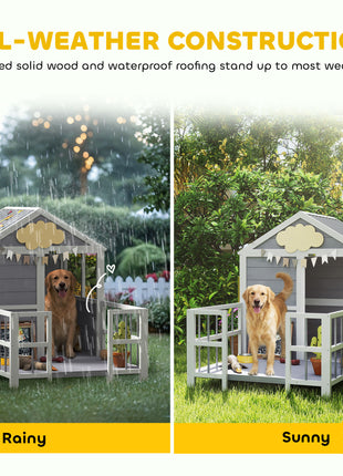 Outdoor Dog House, 61"L Wooden Dog House with Porch, Weatherproof Roof, Elevated Base, Air Vents & Observation Windows