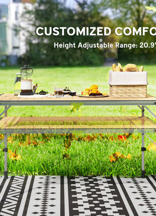 Folding Camping Table, Adjustable Height Aluminum Table, Portable Camping Table for Picnic, Beach, BBQ