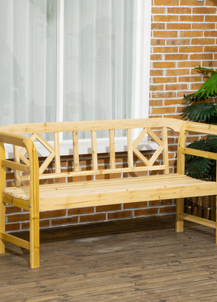 Wooden Patio Bench, Outdoor Garden Bench with Backrest and Armrests, 3 Person Porch Bench with Rustic Country Diamond Pattern, Natural