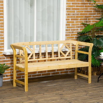 Wooden Patio Bench, Outdoor Garden Bench with Backrest and Armrests, 3 Person Porch Bench with Rustic Country Diamond Pattern, Natural