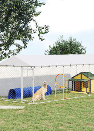 20' x 7.5' x 6.5' Dog Kennel Outdoor for Small Medium Large Dogs with Waterproof Roof, Silver