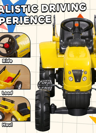 Kids Ride on Tractor with Back Trailer, Shovel & Rake, Horn, Pedal Go Kart for 3 Years Old, Yellow