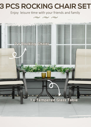 3-Piece Outdoor Gliders Set Bistro Set with Steel Frame, Tempered Glass Top Table for Patio, Garden, Backyard, Lawn, Beige
