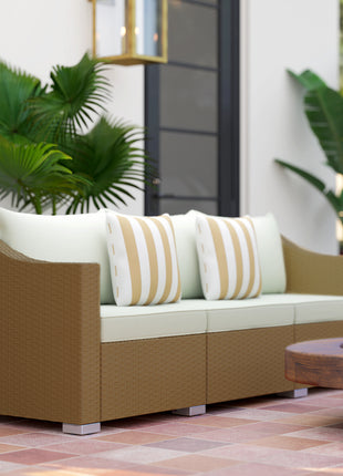 Rattan Wicker 3 Seater Patio Couch with Cushions, 2 Throw Pillows, Outdoor Furniture Rattan Sofa, Light Gray