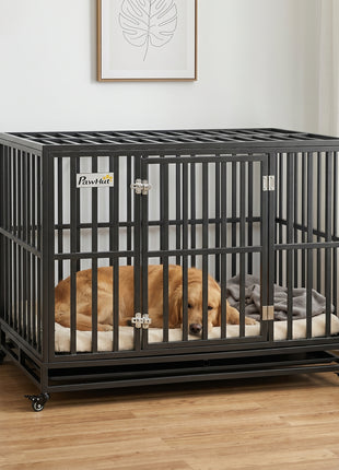 45" Heavy Duty Dog Crate, Escape-Proof Steel Kennel with Wheels, Black