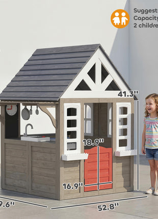 Outdoor Playhouse, Wooden Kids Playhouse with Dog Door, Flower Box, Cookware & Window for Garden Ages 2+, Gray