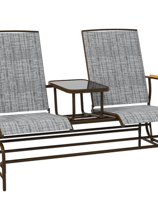 Outdoor 2-Person Glider Bench, Outside Glider Swing Chair Loveseat with Table, Steel Frame, Gray
