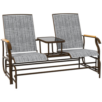 Outdoor 2-Person Glider Bench, Outside Glider Swing Chair Loveseat with Table, Steel Frame, Gray
