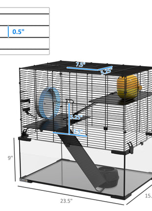23.5" Hamster Cage, Gerbil Cage with Glass Basin for Small Hamsters, Black