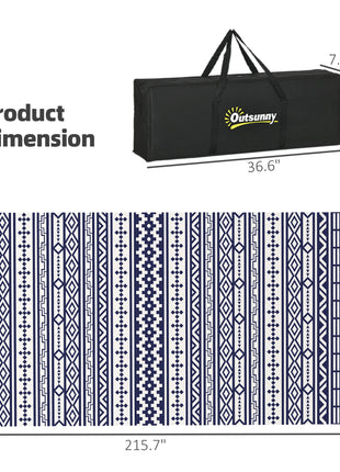 Reversible Outdoor Rug, Waterproof Plastic Straw with Carry Bag, 9' x 18', Blue & White Geometric Wall
