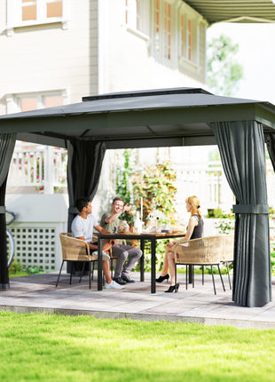 10' x 12' Outdoor Patio Gazebo, Soft Top Gazebo Canopy Shelter with Curtains, Netting, Steel Frame, Hooks, Dark Gray
