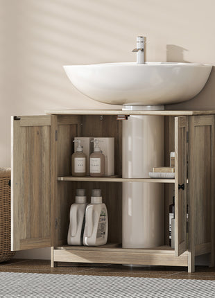 Bathroom Vanity Cabinet, Under Sink Bathroom Cabinet with 2 Doors and Adjustable Shelf, Weathered Gray Oak