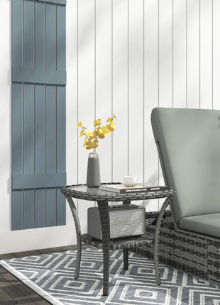 Outdoor Coffee Table with Storage Shelf, Hand-Woven Wicker Side Table with Water-Ripple Glass Top, Mix Gray