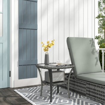 Outdoor Coffee Table with Storage Shelf, Hand-Woven Wicker Side Table with Water-Ripple Glass Top, Mix Gray