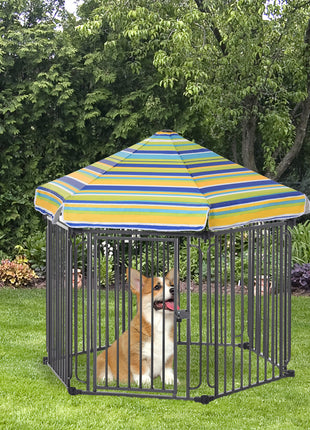 48" x 41" Heavy-Duty Metal Dog Playpen, Outdoor Pet Cage Kennel, Puppy Exercise Fence Barrier with Weather-Resistant Polyester Roof, Locking Door and Solid Black Frame